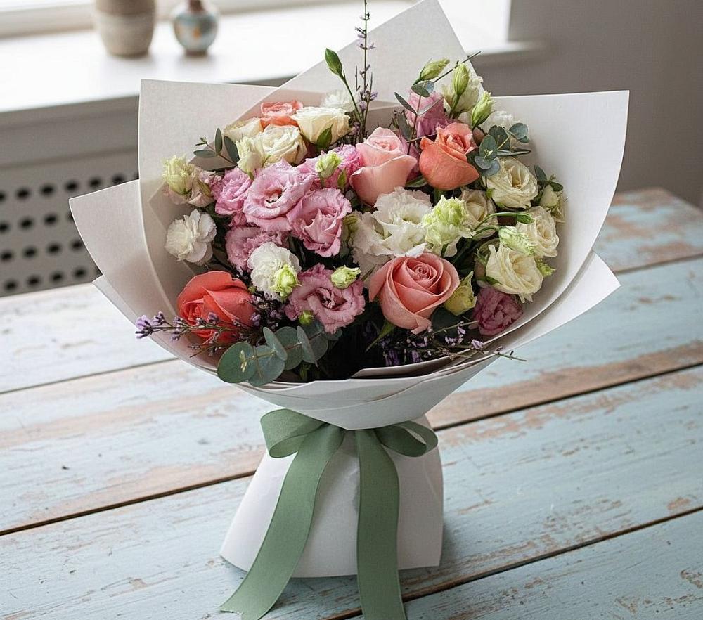 Букет цветов из: Розы, Лизиантусы и Гвоздики в Ремонтном