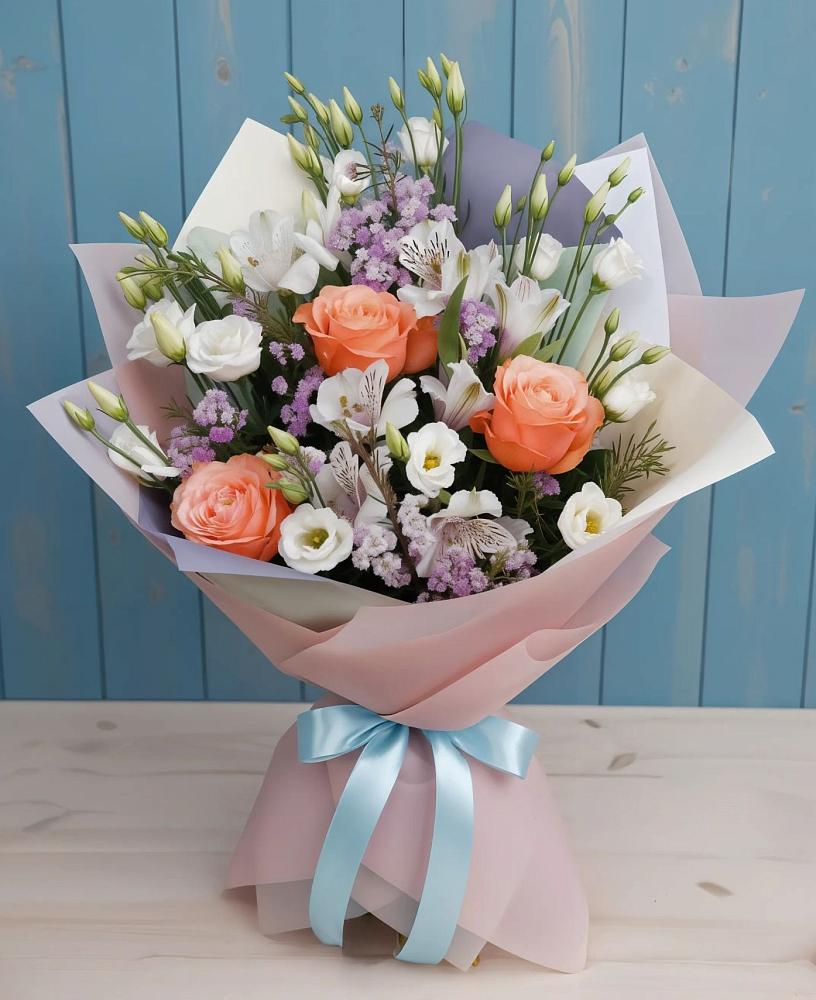 Букет цветов из: Лизиантусы, Розы, Альстромерии и Гипсофила в Ремонтном
