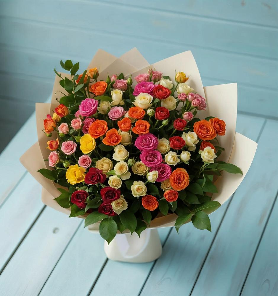 Букет Микс из разноцветных кустовых роз в Ремонтном
