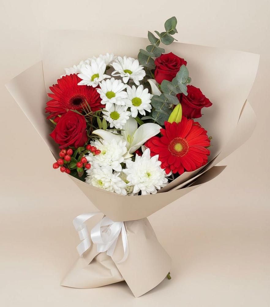 Букет цветов из: Розы, Хризантемы, Герберы и Лилии в Ремонтном