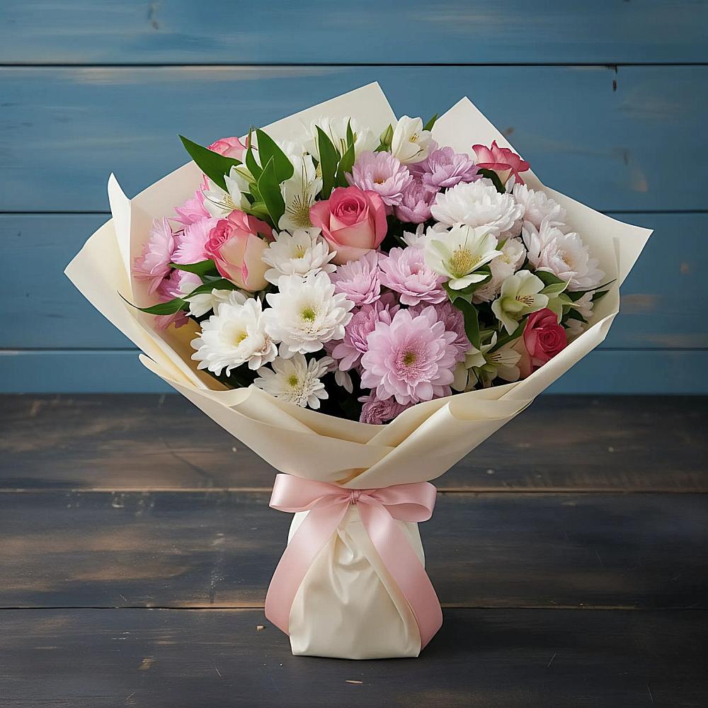 Букет цветов из: Хризантемы, Альстромерии и Розы в Ремонтном